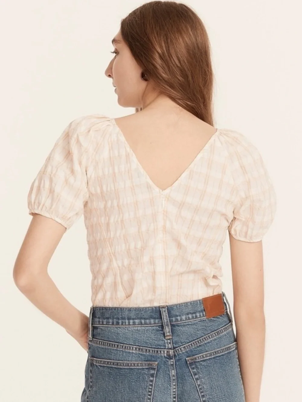 J. Crew‎ Puff Sleeve Top Textured Plaid Beige 16